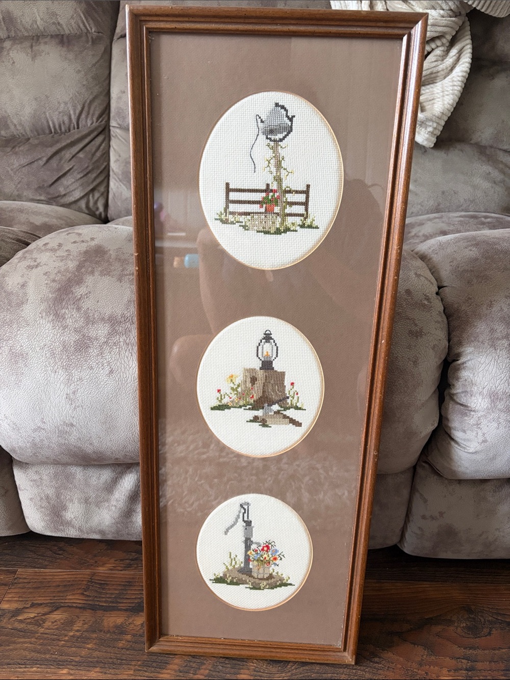 Vintage Triple Oval Cross-Stitch Wall Art in Brown Frame